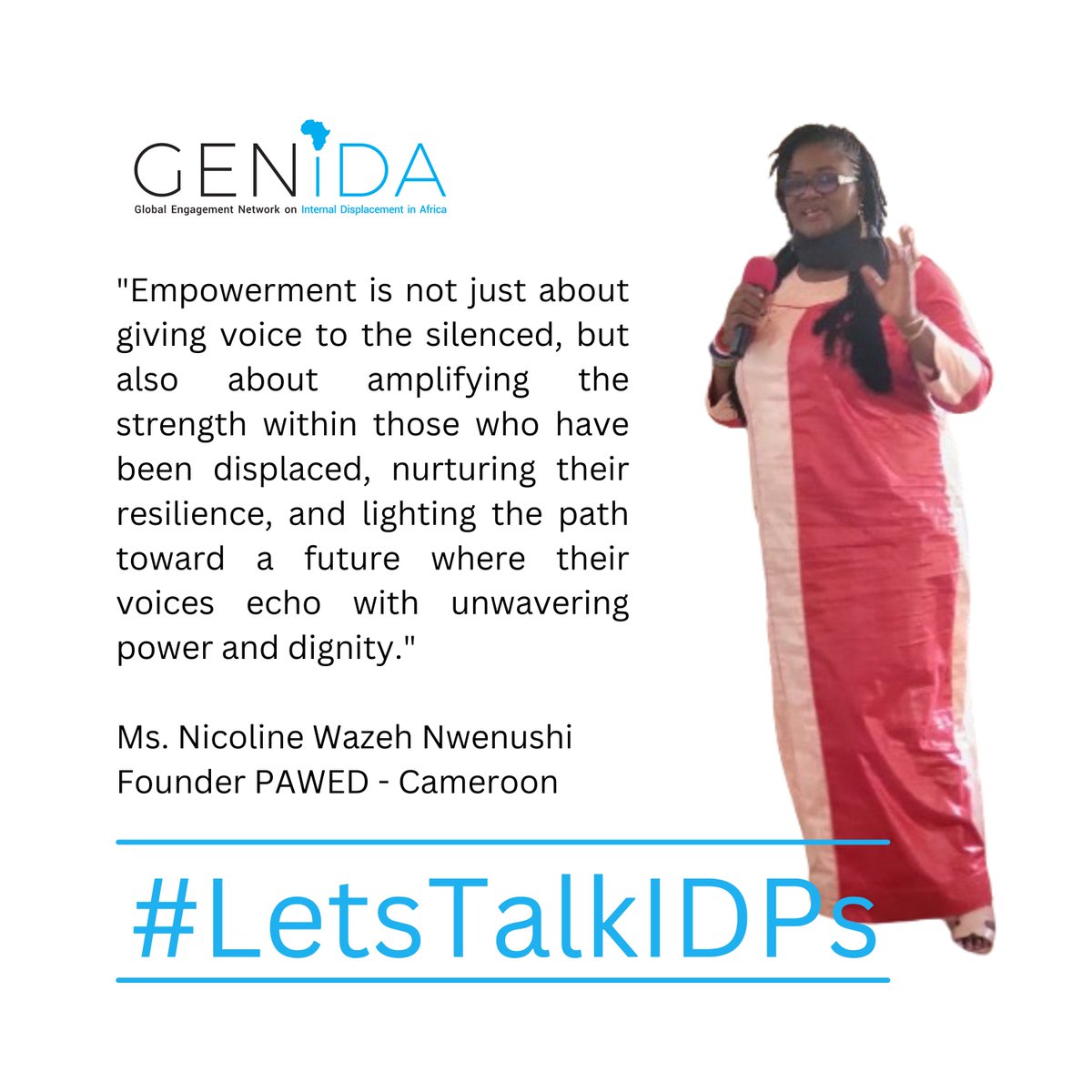 GenidaNetwork's tweet photo. Listen to Ms. Nicoline Wazeh Nwenushi Founder of PAWED in Cameroon and get to know how they are empowering women in times of displacement.
#IDPsHaveRights
https://t.co/HL9xl7gN2N
#LetsTalkIDPs
#WomensMonth https://t.co/DBt7nUyHpN
