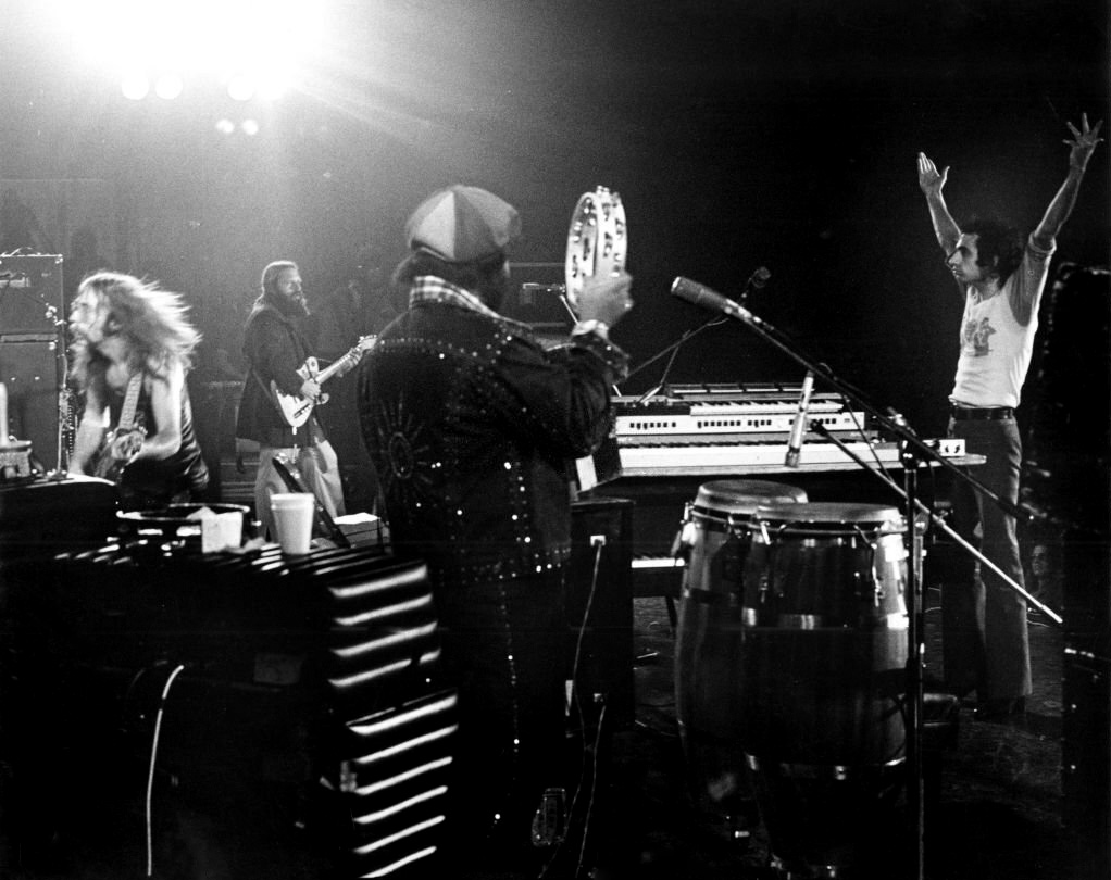 Jeff ''Skunk'' Baxter, Denny Dias, Royce Jones and Donald Fagen of Steely Dan performing at the Santa Monica Civic Auditorium, California, 1974