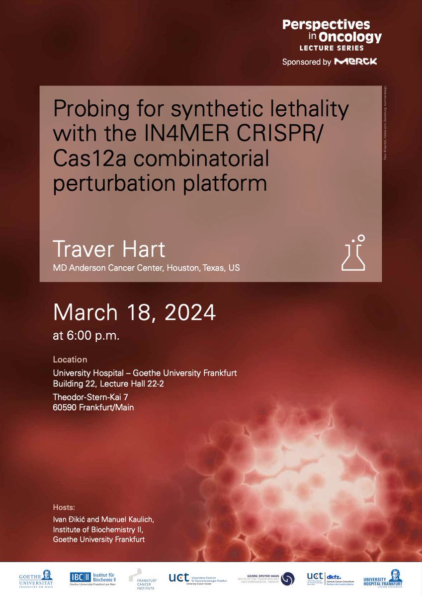 Join us Today ! @TraverHart at @IBC2_GU and @goetheuni, sponsored by @Merck. Traver will present recent developments toward high-dimensional combinatorics using Cas12a. 18h, University Hospital Building 22, Lecture Hall 22-2