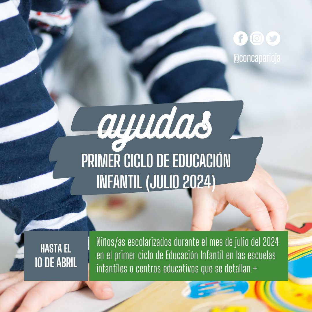 #Ayudas 🔛 Hoy comienza el plazo para solicitar la ayuda económica para niños y niñas escolarizados durante el mes de julio del 2024 en el primer ciclo de Educación Infantil en centros de Logroño. Más ℹ concaparioja.com/ayudas-economi…