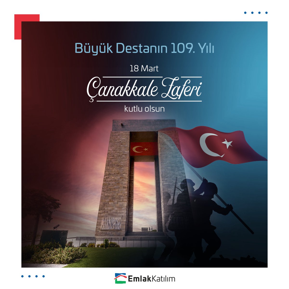 Çanakkale Zaferi'nin 109. yılında, vatanımız için canlarını feda eden şehitlerimizi rahmet ve minnetle anıyor, onların bize mirası olan bağımsızlık ve özgürlük ruhunu yaşatmaya devam ediyoruz. #18Mart #ÇanakkaleZaferi  #EmlakKatılım