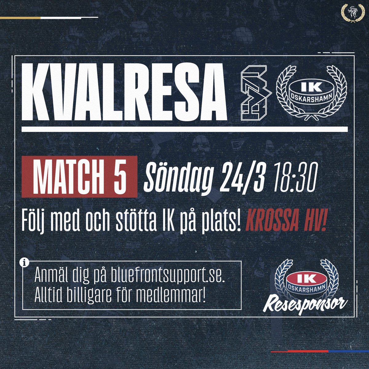 Det står 1-1 i matcher kvalspelet vilket innebär att det blir en match 5 i Jönköping söndag den 24 mars.

Vi har öppnat anmälan till denna kvalmatch och ni anmäler er via bluefrontsupport.se