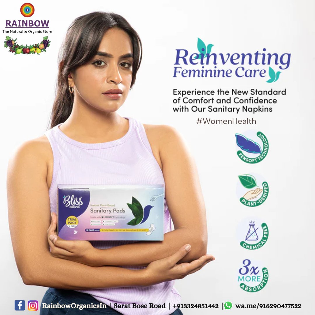Bliss Organic sanitary napkins are made of organic cotton pulp, Kenaf and Bamboo Nonwovens, and Starch-Based Bioplastics. Available in Fluffy & Slimmy Pads.

✨🌈To buy connect, with us at
📲 wa.me/916290477522

#buylocal #healthstore #rainboworganics #organic #sanitarypads