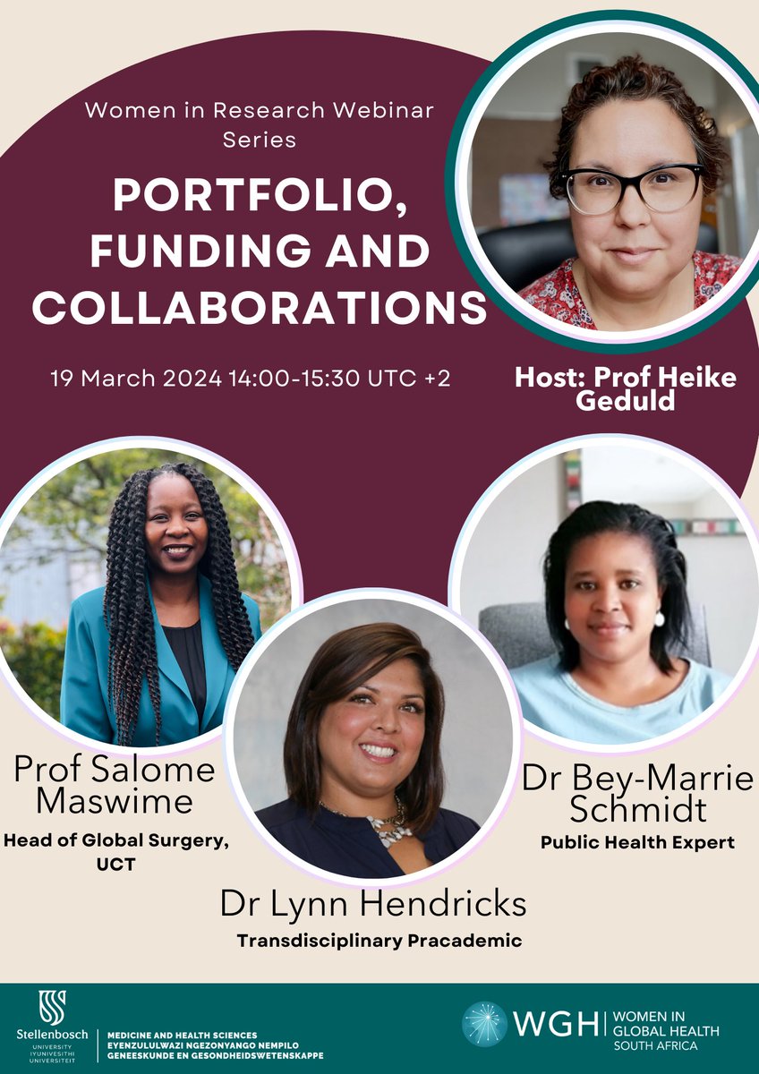 Women in Global Health South Africa Chapter (@wghsouthafrica) on Twitter photo 📢1 Day to go!
Join <a href="/WGHSouthAfrica/">Women in Global Health South Africa Chapter</a> and <a href="/SUhealthsci/">SU, Faculty of Medicine and Health Sciences</a> in our ♀️ in research webinar series.
We'll be discussing the importance of portfolio building, funding and collaborations.
Register here👉 us02web.zoom.us/webinar/regist…
🗓19 March
⏰️14:00-15:30 UTC+2
<a href="/womeninGH/">Women In Global Health</a> 📢1 Day to go!
Join <a href="/WGHSouthAfrica/">Women in Global Health South Africa Chapter</a> and <a href="/SUhealthsci/">SU, Faculty of Medicine and Health Sciences</a> in our ♀️ in research webinar series.
We'll be discussing the importance of portfolio building, funding and collaborations.
Register here👉 us02web.zoom.us/webinar/regist…
🗓19 March
⏰️14:00-15:30 UTC+2
<a href="/womeninGH/">Women In Global Health</a>