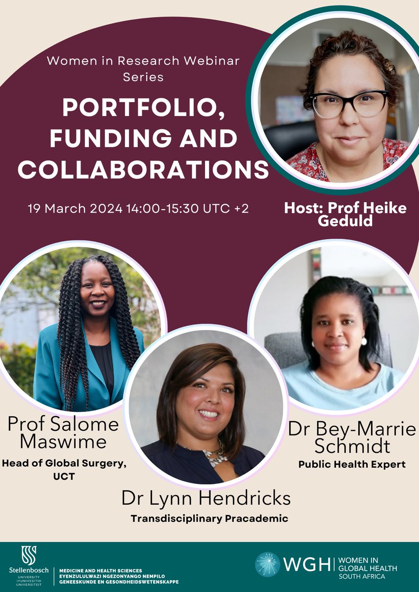 📢1 Day to go! Join @WGHSouthAfrica and @SUhealthsci in our ♀️ in research webinar series. We'll be discussing the importance of portfolio building, funding and collaborations. Register here👉 us02web.zoom.us/webinar/regist… 🗓19 March ⏰️14:00-15:30 UTC+2 @womeninGH