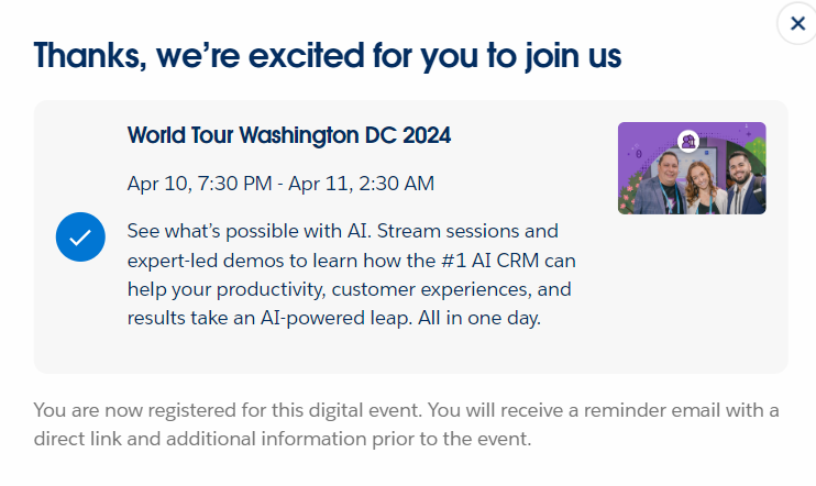 🎟️Ticket to WDC on Salesforce+

World Tour Washington DC '24 | April 10-11 '24🤩
#salesforce #worldtourdc #slack #salesforcefieldservice #salesforceonsalesforce #aiforimpact #einsteinforadmins #governmentkeynote #salesforcesolutions #reimaginepublicservice