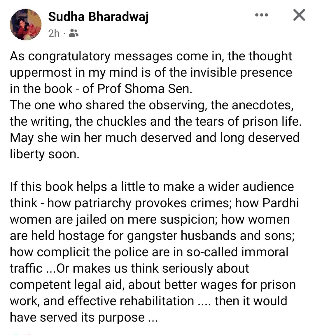 Here's a typically thoughtful and compassionate response from #SudhaBharadwaj after news of the award.