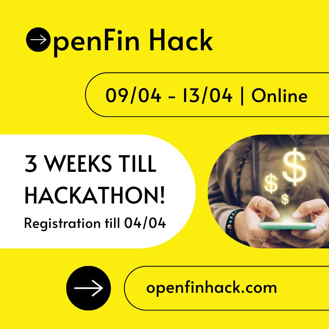 🚀 Just 3 weeks until OpenFin Hack - the International FinTech Hackathon! 💻

Join from April 9-13 for a journey in driving financial innovation.  

Ready for this FinTech journey? Register now:postly.app/3RGa