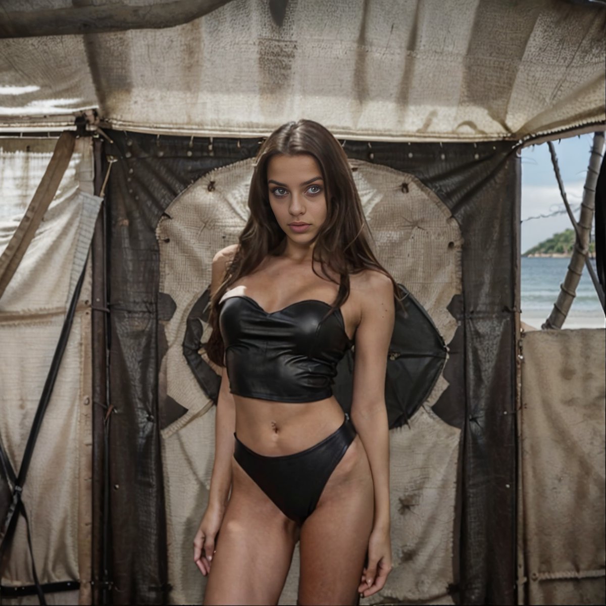 synthelena's tweet photo. Embracing the allure of edgy elegance in a black leather bikini. 🔥🖤 Stepping into the realm of bold fashion choices, where confidence is the ultimate accessory.  💫 #LeatherLuxe #DaringFashion #aimodel #aiart #model #cute #lingerie https://t.co/urTuo67Uif