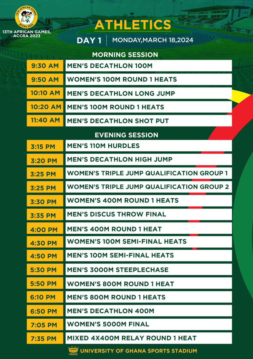 Kristosomm's tweet photo. Schedule for Athletics on Monday, 18th March.
#AfricanGames
#Accra2023
#FreeGate https://t.co/Wg5MfNgFTk