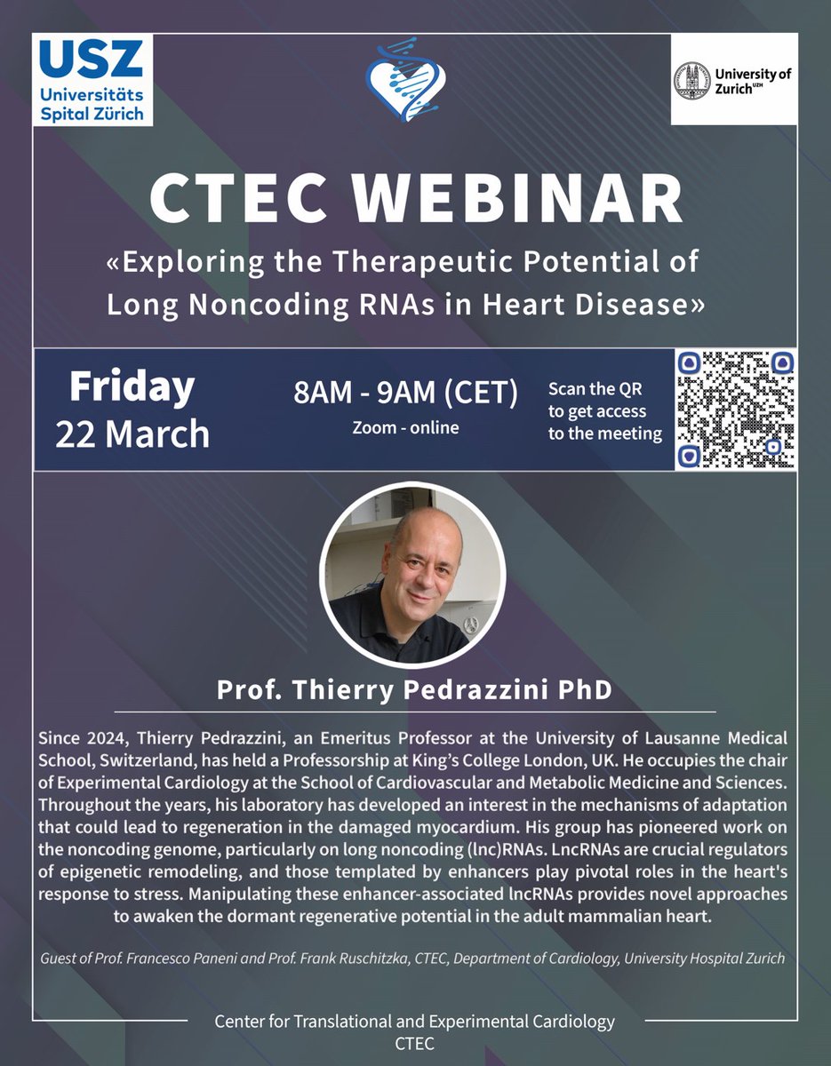 I am delighted to announce our next @CTECresearch Webinar by Prof. Thierry Pedrazzini. Join us on Friday for an exciting journey into the world of #lncRNAs and their applications in cardiovascular medicine🔥👇🫀 @GoricaEra @CardioZurich @SwissCardio @ShehabAnwer