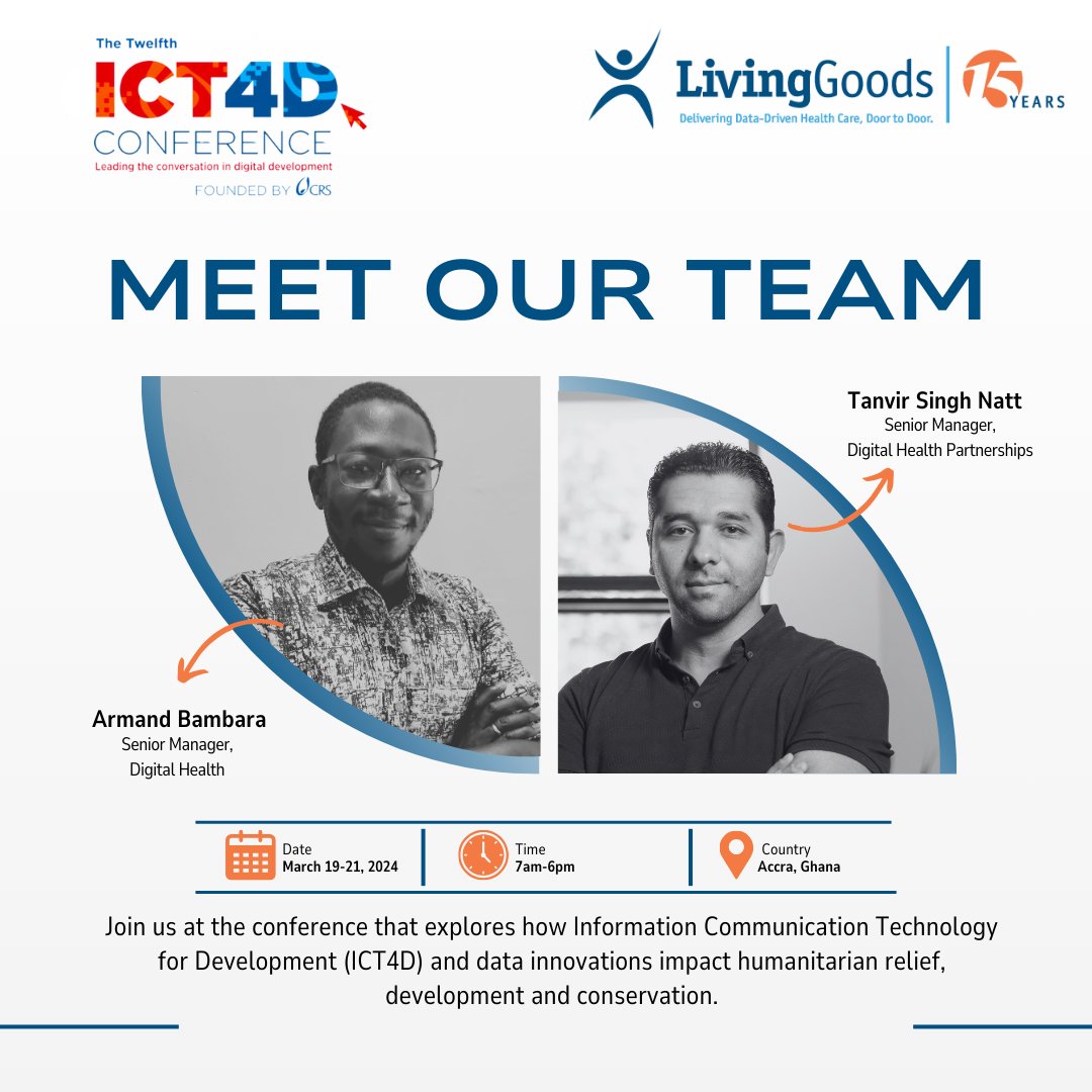 Excited to announce that our team members Tanvir Natt and Armand Bambara will attend the 12th ICT4D Conference in #Accra, #Ghana. 
If you're attending, connect with us! 
#ICT4D #digitalhealth #innovation #healthcare