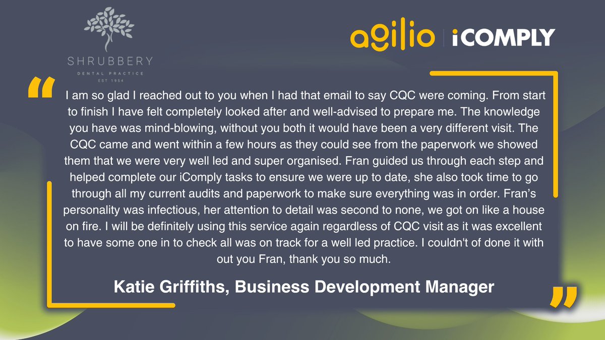 🌟An absolutely glowing review for our consultancy team's assistance in preparing Shrubbery Dental Practice for their CQC inspection. 🌟

Find out how we can support you: ow.ly/qHWv50QUyFB

#Agilio #iComply #CQC #dentalcompliance #dentalUK