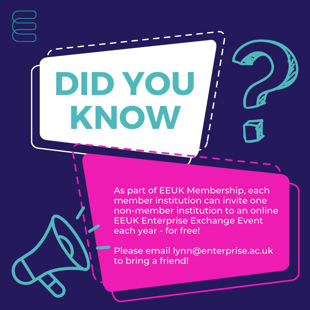 INVITE A FRIEND: Once a year, member institutions can invite a non-member to an online Enterprise Exchange event - absolutely free! Please email lynn@enterprise.ac.uk to arrange. Another fantastic membership benefit from EEUK! #enterprise #entrepreneurship