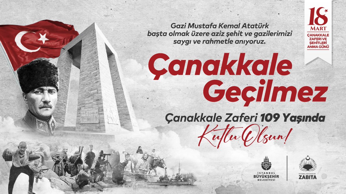 Gazi Mustafa Kemal Atatürk başta olmak üzere bu toprakları bize vatan kılan aziz şehit ve gazilerimizi saygı ve rahmetle anıyoruz. Size minnettarız. 18 Mart Çanakkale Zaferimizin 109. yılı kutlu olsun!