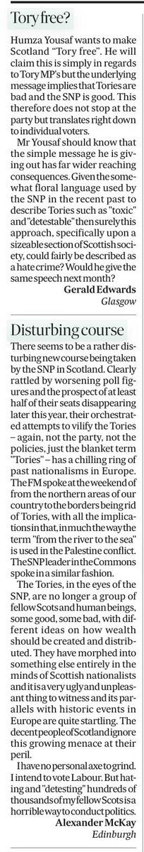 Two great letters in the Scotsman on Humza Yousaf’s dangerous language. It is inciting hatred & reminiscent of periods in history that we should not repeat.