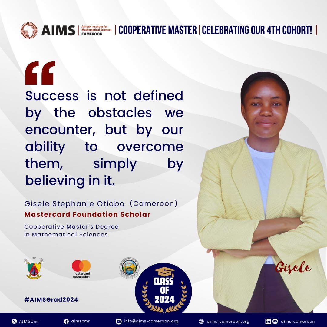 AimsCmr's tweet photo. #MondayMotivation Gisele Stephanie Otiobo emphasizes that success is determined by overcoming obstacles through belief.

#AIMSGrad2024 #CooperativeMasters #mastersdegree #GraduationInspiration #AIMS #AIMSCMR #dreambig #successmindset #nevergiveup #mindsetmatters #AlumniQuotes https://t.co/8ZqtVRj1oQ