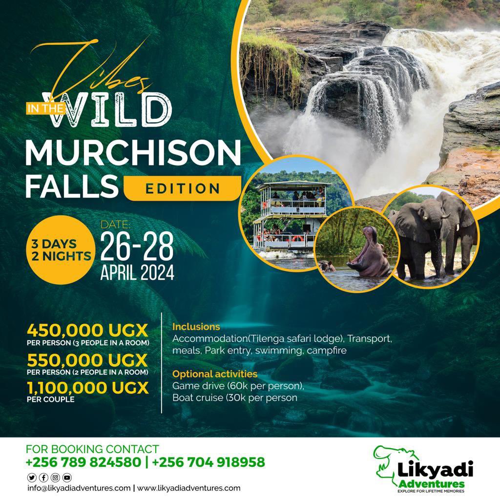 VIBES IN THE WILD (MURCHISON FALLS NATIONAL PARK EDITION) Dates; 26th to 28th April Fee includes; ✅Accommodation at Tilenga Safari Lodge ✅Meals ✅Transport ✅Park Entry fees ✅Top of the falls visit ✅ Swimming For inquiries and bookings Call 0789824580, 0704918958