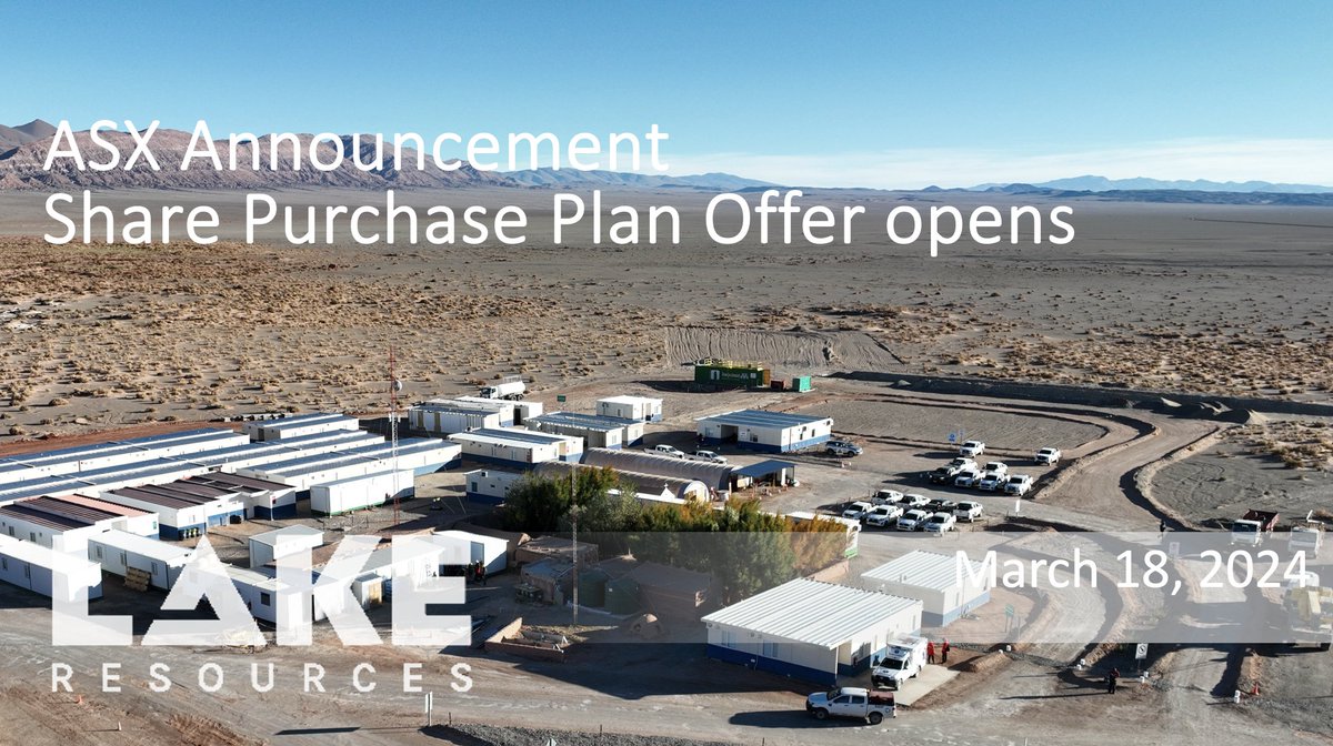#ASX announcement: Share Purchase Plan Offer opens lakeresources.com.au/wp-content/upl… $LKE $LLKKF #lithium #criticalminerals #batterymetals #EV #ESG #cleantech #climatetech