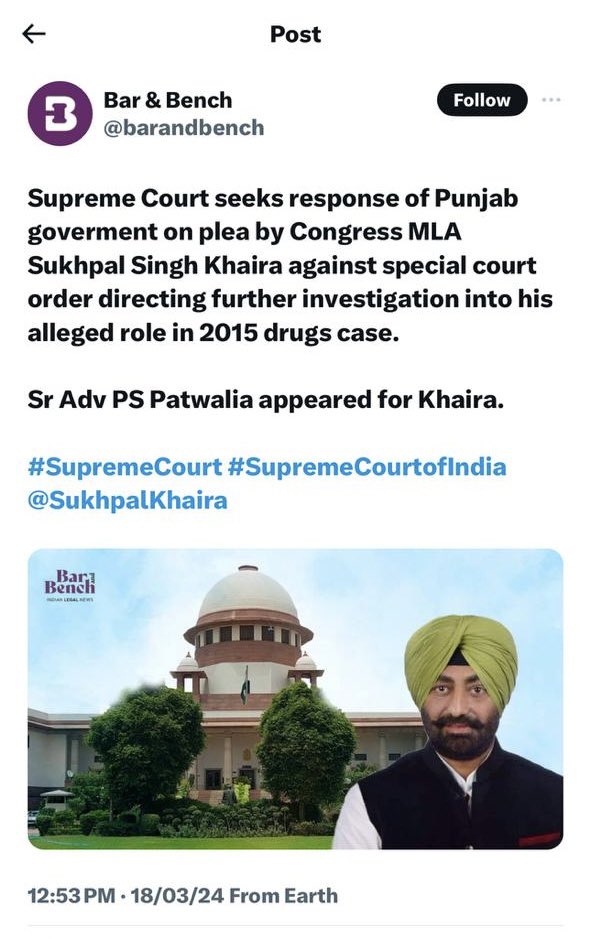 SukhpalKhaira's tweet photo. I’m extremely grateful to the judiciary Hon’ble Supreme Court of India for issuing notice to the state of Punjab on my petition seeking quashing of the utterly baseless,false,frivolous and politically motivated Ndps case slapped against me by @BhagwantMann purely out of vengeance & hatred as I’m one of the most vocal critic of his double standards. Although its a partial relief but i have full faith in the judiciary bcoz I’m totally innocent and have been framed erroneously by 4 successive governments in this one case-Khaira @INCIndia @INCPunjab
