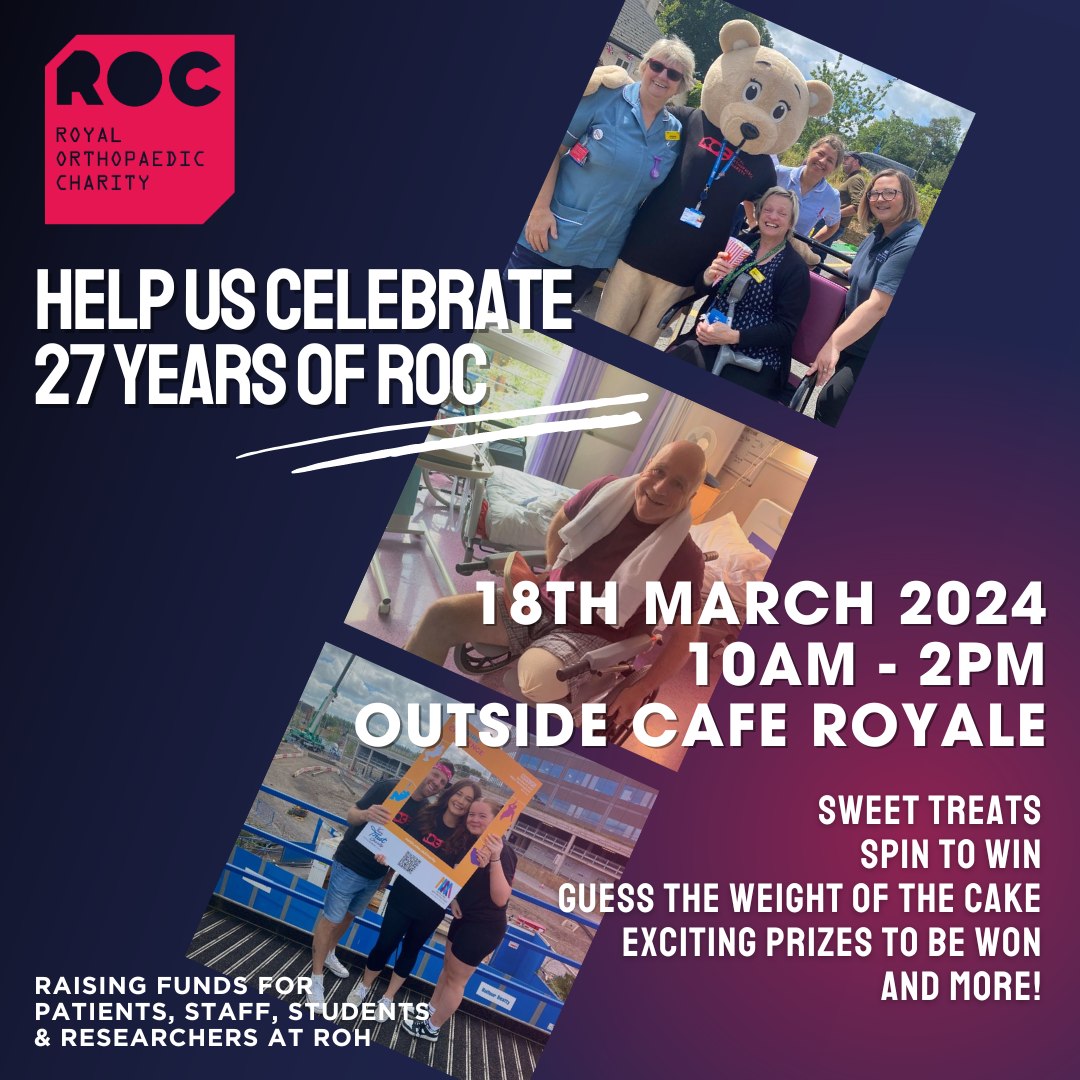 Join us today outside @ROHNHSFT's Cafe - Cafe Royale to help us celebrate 27 years of Royal Orthopaedic Charity! There will be cake, games and more. All raising funds for our general appeal. See you at 10am 🎂 #fundraising
