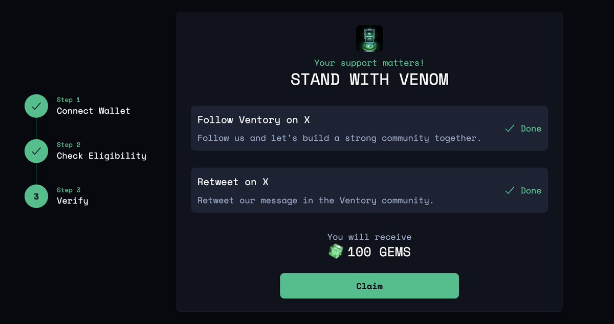 Tonhuvf's tweet photo. 🪂🪂🪂Ae làm testnet Venom hoặc có mint NFT này của Ventory thì vào check #airdrop GEMS

✅Link check: https://t.co/W7AbJICR0q

#Venom #Ventory #GEMS #Bitcoin https://t.co/QSo2YV4c6U