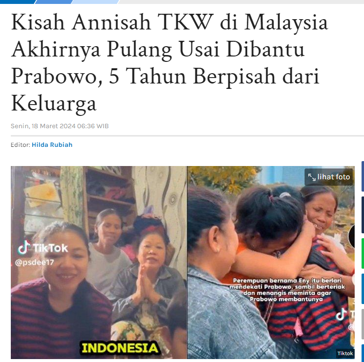 Kisah Annisah TKW di Malaysia Akhirnya Pulang Usai Dibantu Prabowo, 5 Tahun Berpisah dari Keluarga.

#PrabowoSubianto  
#PrabowoGibran2024 

#YukMoveOnYuk
FokusSIAPIN MasaDEPAN

jabar.tribunnews.com/2024/03/18/kis…