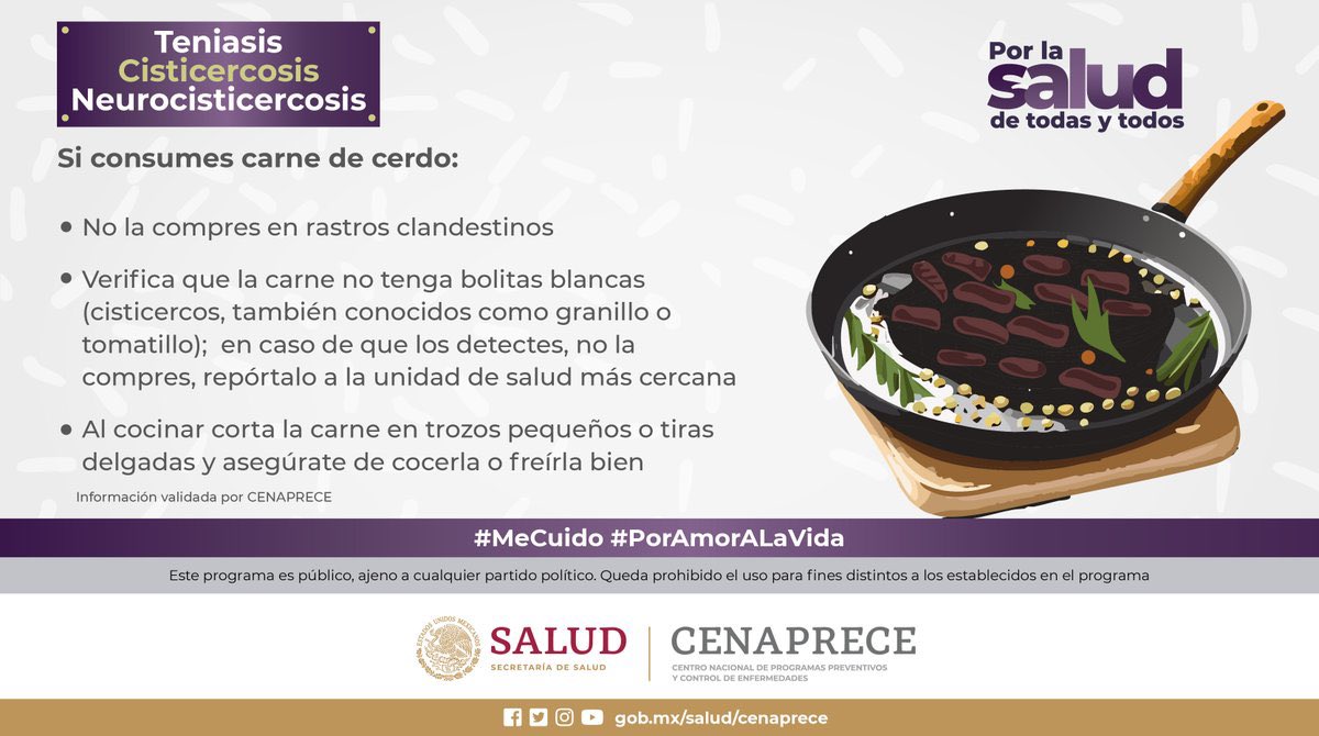 SSalud_mx's tweet photo. #PorLaSaludDeTodasYTodosYTodos I #Teniasis #Cisticercosis #Neurocisticercosis 🩺
Pon atención: 🧐
Al comprar o consumir carne de cerdo, sigue las siguientes recomendaciones para cuidar de tu salud👇🏼
Conoce más en ➡ https://t.co/90uYx0ng75
#MeCuido #PorAmorALaVida https://t.co/y02RwvTzmB