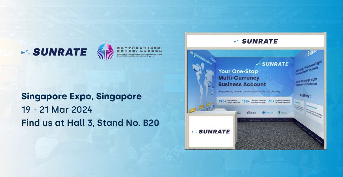 Come catch us and our business payment specialists as we will be at the China Machinery and Electronics Show, from 19 - 21 March 2024. Come by our booth located at Hall 3, stand no. B20. See you there! #B2B #business #payments #crossborderpayments #SUNRATE