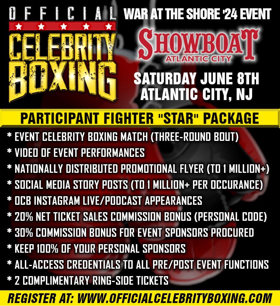 Get your incredible opportunity to be part of Celebrity Boxing June 8 “Prospect Event” in Atlantic zcity!! sign up now at officialcelebrityboxing.com. Here is the package someone will get back to you to go over details once you sign up.!!