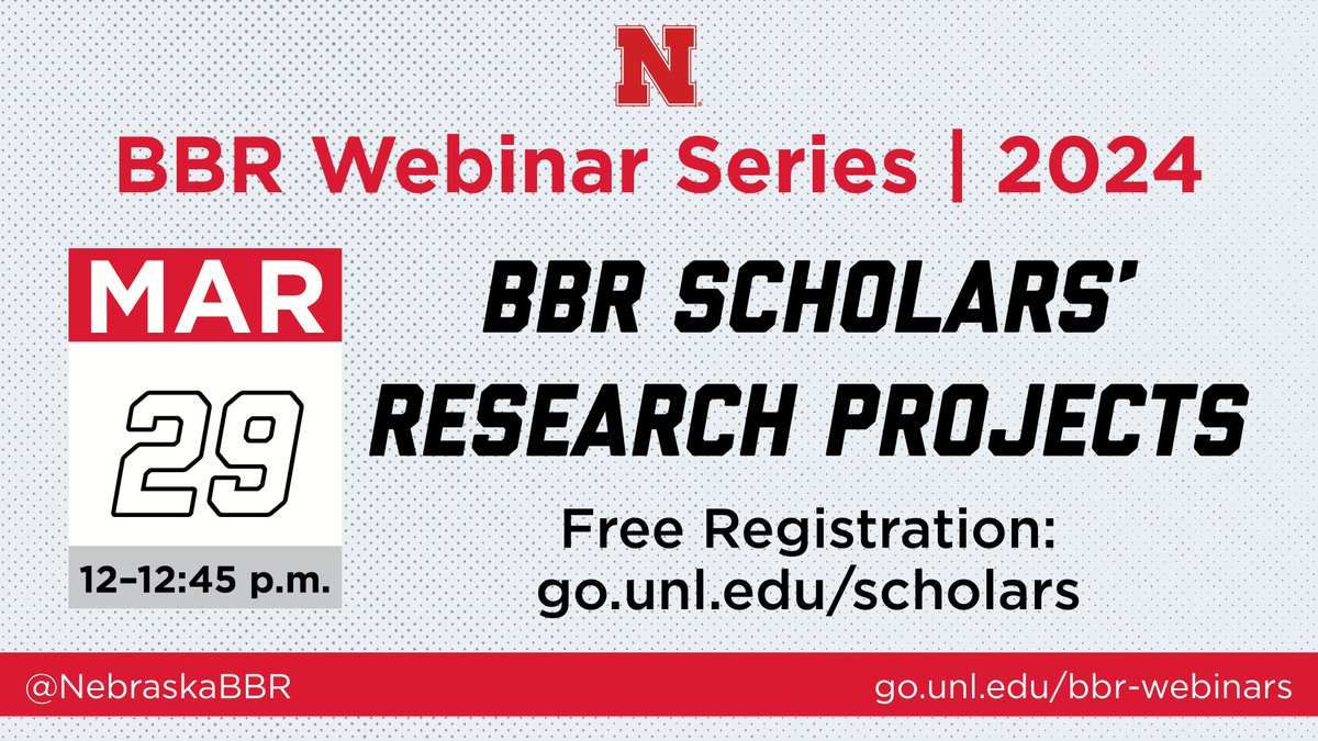 #BBRScholars is a group of #undergraduates who conduct original economic research as part of the #NebraskaBBR. The next session of the BBR Spring Webinar Series will present the research projects and recent findings of these young Scholars. 🌐go.unl.edu/scholars
