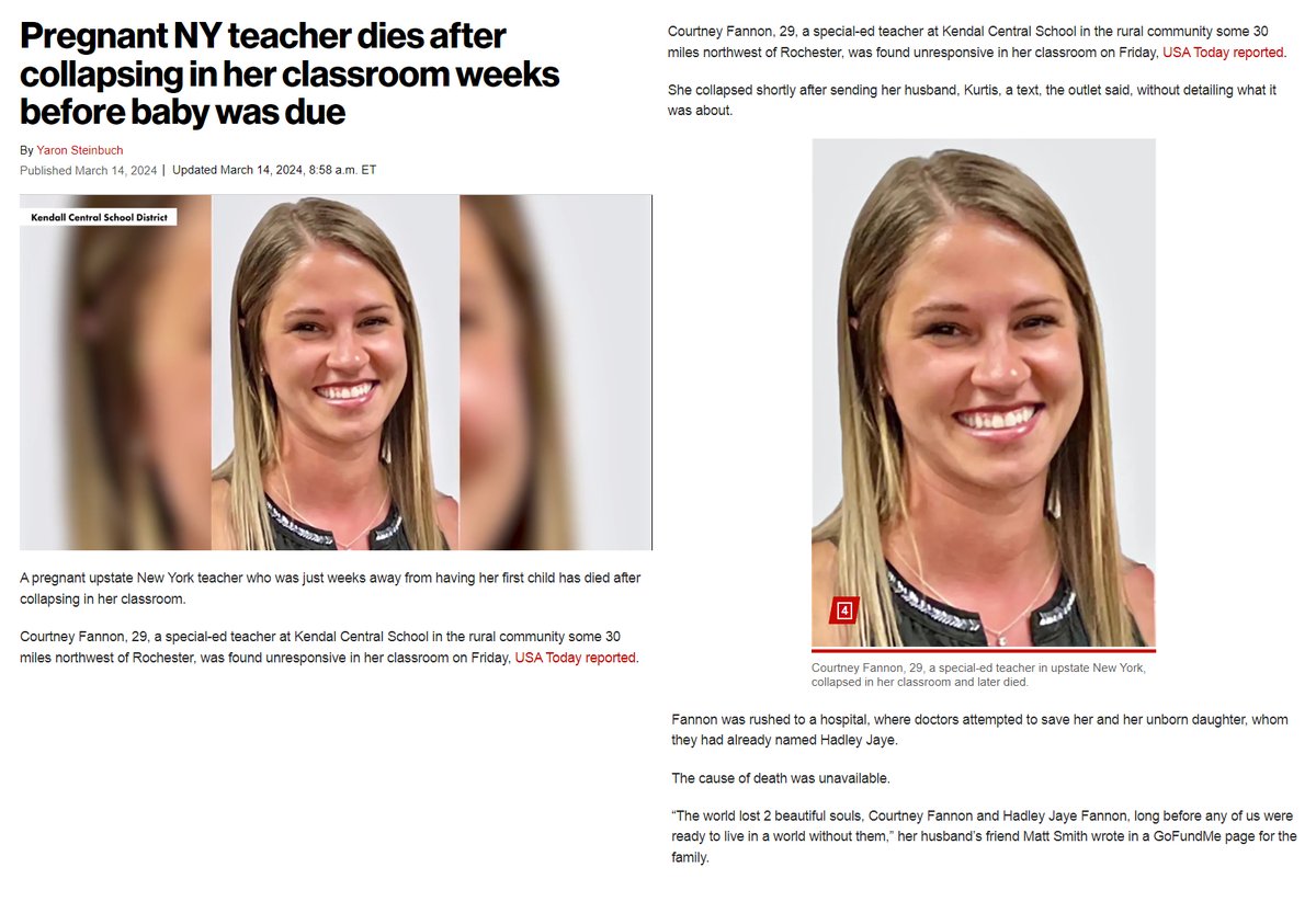 New York - 29 year old Courney Fannon, special-ed teacher at Kendal Central School who was pregnant, collapsed in her classroom on Mar.8, 2024.

She died with her unborn daughter.

COVID-19 mRNA Vaccination of pregnant women is an ongoing crime

@ABDanielleSmith 
#DiedSuddenly