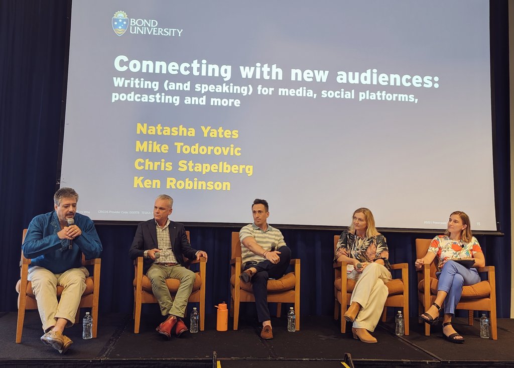 Honing the craft of writing to non-academic audiences and platforms (including the platform formerly known as Twitter) @BondUniversity Writers Festival. Great times with @drmiketodorovic @j_stokesparish, @ConorGilligan18 and many awesome #HealthProfEd #MedEd peeps