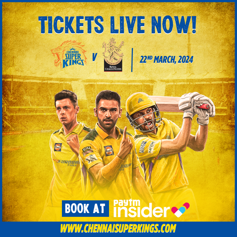 ChennaiIPL's tweet photo. THE TIME IS NOW! ⏰🥳
Get your tickets now for the IPL 2024 Opener!⚡💥
Click the Link Below!
#CSKvRCB #WhistlePodu 🦁