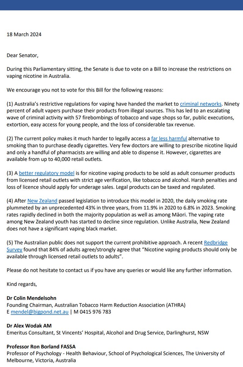 The federal Parliament will vote on <a href="/Mark_Butler_MP/">Mark Butler MP</a>'s  #vaping Bill this week that seeks to restrict vaping even further. The Bill could be rejected by the Senate
<a href="/AlexWodak/">Alex Wodak AM</a>, Prof Ron Borland and I wrote to all Senators today to encourage them not to support it. The <a href="/Greens/">Australian Greens</a> are