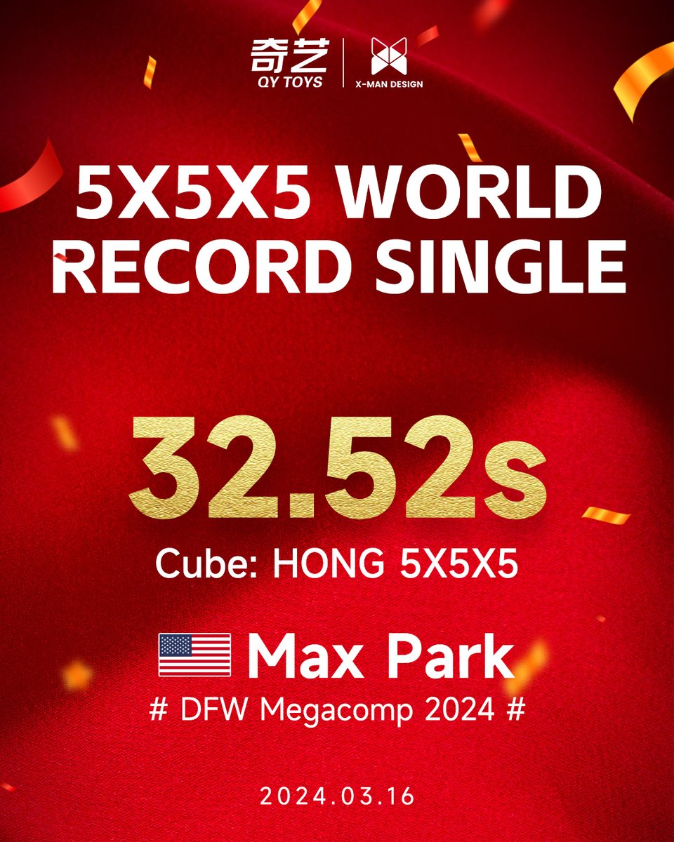 Congratulations to Max Park!
Also this is the first world record for the Hong 5x5x5!
#qiyi #cube