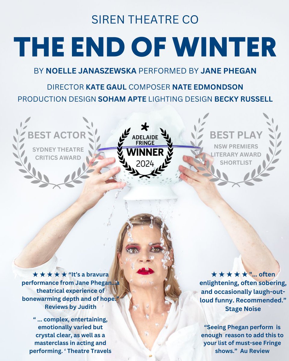 kategaul's tweet photo. THE END OF WINTER by Noëlle Janaczewska picked up a prize at Adelaide Fringe for an event that takes responsibility for their environmental impact and invites the audience to engage with sustainable practices. https://t.co/WJ0kUgdzmu