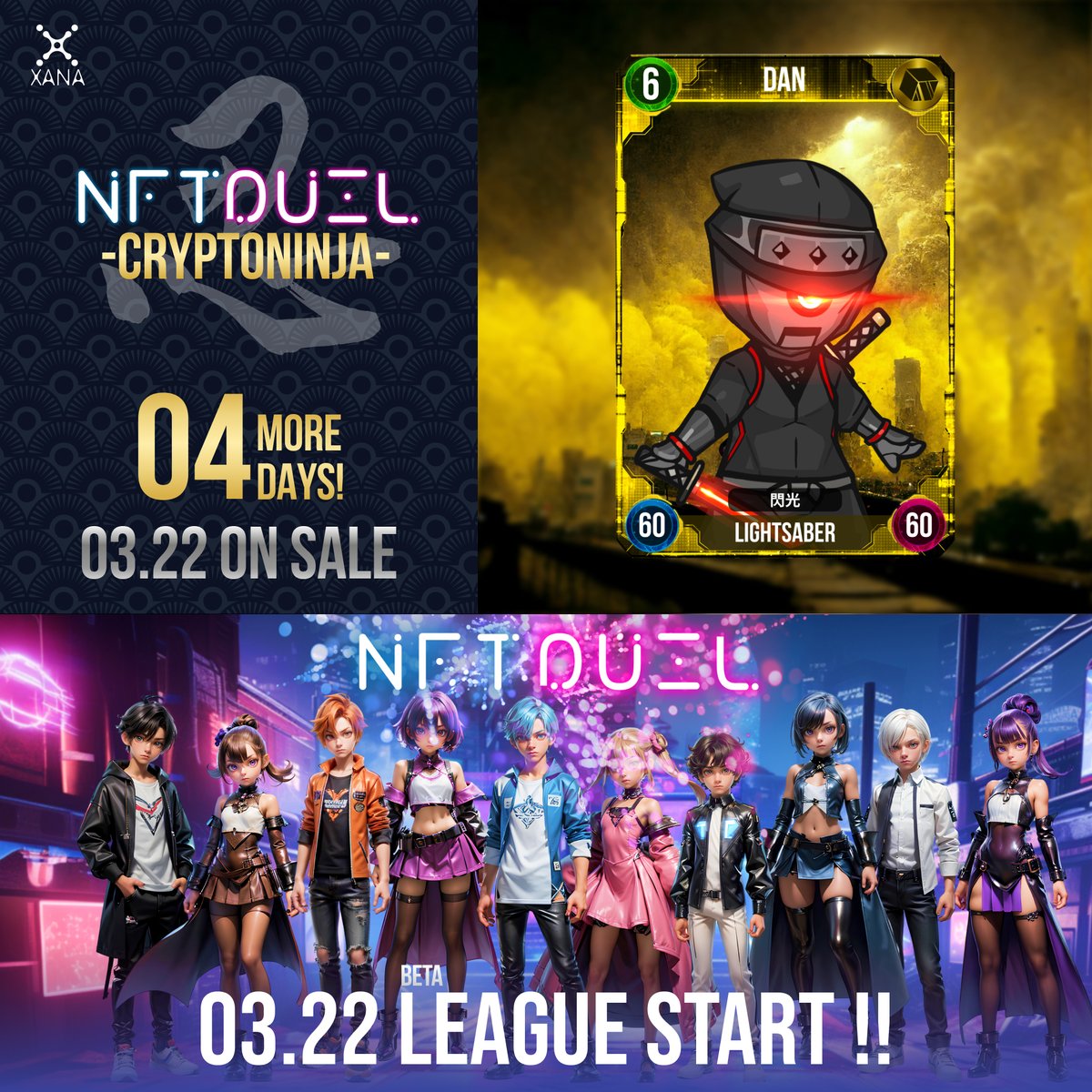 XANA_Jp's tweet photo. \\🎁カードプレゼントキャンペーン//
📣#NFTDuel βリーグ開催 ＆ #CryptoNinja カード販売開始まであと4日❗️

カウントダウンを記念して、毎日カードをプレゼント！
1人1枚、合計15人に当選するよ✨

【応募条件】
✅いいね＆リポスト
✅初心者におすすめのCryptoNinjaカードを画像や動画と一緒にリプに書いてね！
✅締切：3/24 23:59

👇NFTDuelカードのトレードはこちら
https://t.co/LcBEkqskrf

📘マニュアル
https://t.co/pIWNuEsDST
