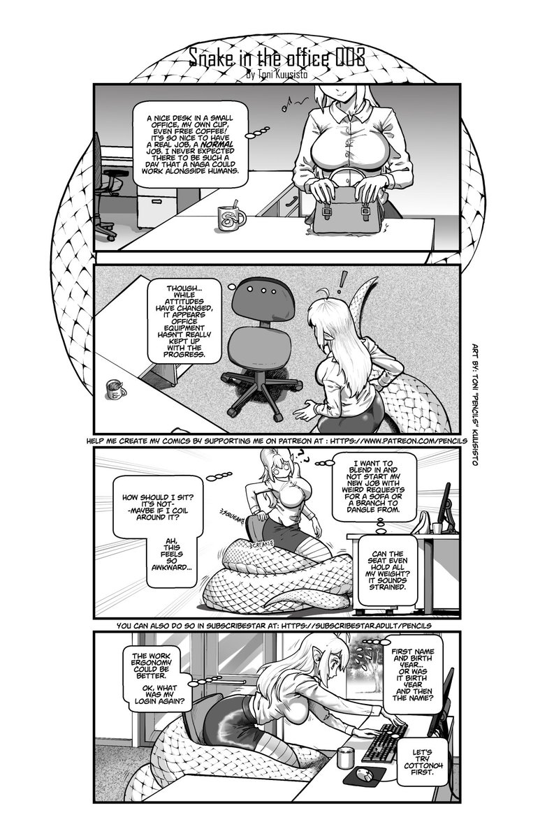 Athorist's tweet photo. #Snake in the office 3. #snakeintheoffice tag for those who want a shorthand to these comics. I'll try to remember adding it to these posts in the future! Support  me on https://t.co/XkqbrQHBgl
or https://t.co/UmtPJ8v3f4
and https://t.co/cMUfX5xvYP for single time donations. https://t.co/K7TOCgi0vC