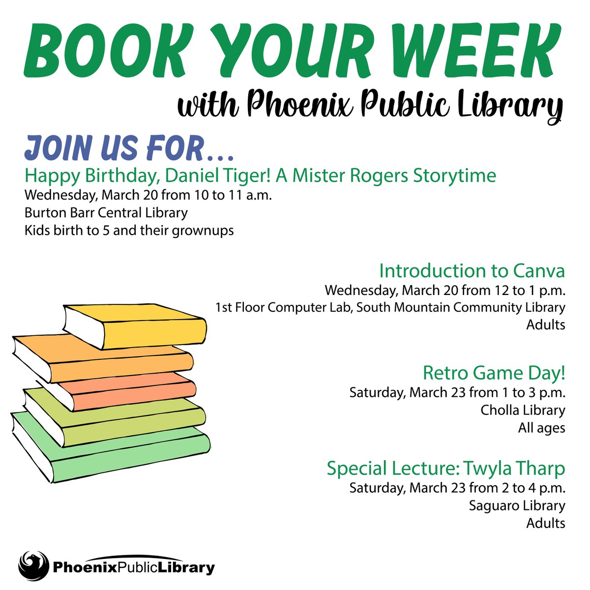 PhxLibrary's tweet photo. What's going on at @PhxLibrary? 📅 Here are just some of the great, free events happening this week. You’ll find fun programs for all ages &amp; interests @ one of our 17 locations. Check the online calendar to browse the entire schedule &amp; #BookYourWeek. https://t.co/7UDEQp6H5j https://t.co/ibev5YihaO