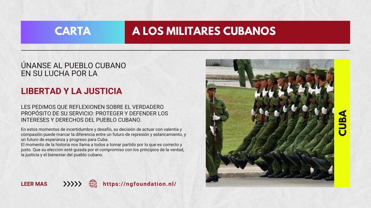 VictorDuenasCU's tweet image. 🇨🇺/ Llamado a los Militares Cubanos Honorables: Únanse al Pueblo en su Búsqueda de Libertad y Justicia
"Les llamamos a que se pongan del lado del pueblo cubano en su búsqueda de un cambio del sistema político y social que ha esclavizado a la isla de Cuba. Les pedimos que muestren