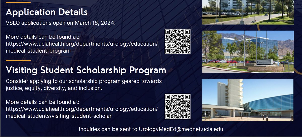 .@UclaUrology sub-I application for visiting students opens 3/18 for all There are two $2000 scholarships to offset the costs of a 3-week visiting rotation. Separate application link. More details ⬇️. Come spend 3 weeks with our department! uclahealth.org/departments/ur…