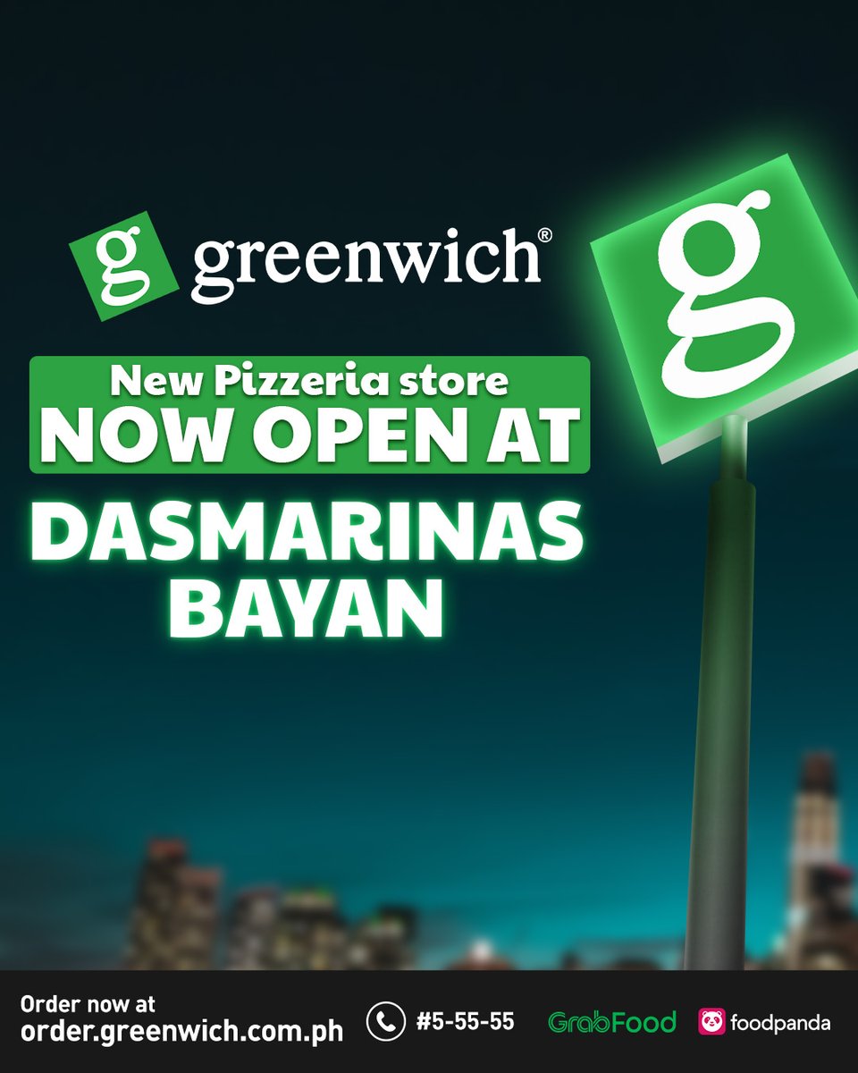 We're now open at Dasmarinas Bayan! Kaya #GWithTheBarkada na and get your Greenwich faves for a #SarapToFeelG experience! 🍕🍝💚 Pwedelivery na rin of your favorite pizzas and pastas through order.greenwich.com.ph, #5-55-55, GrabFood and Foodpanda!
