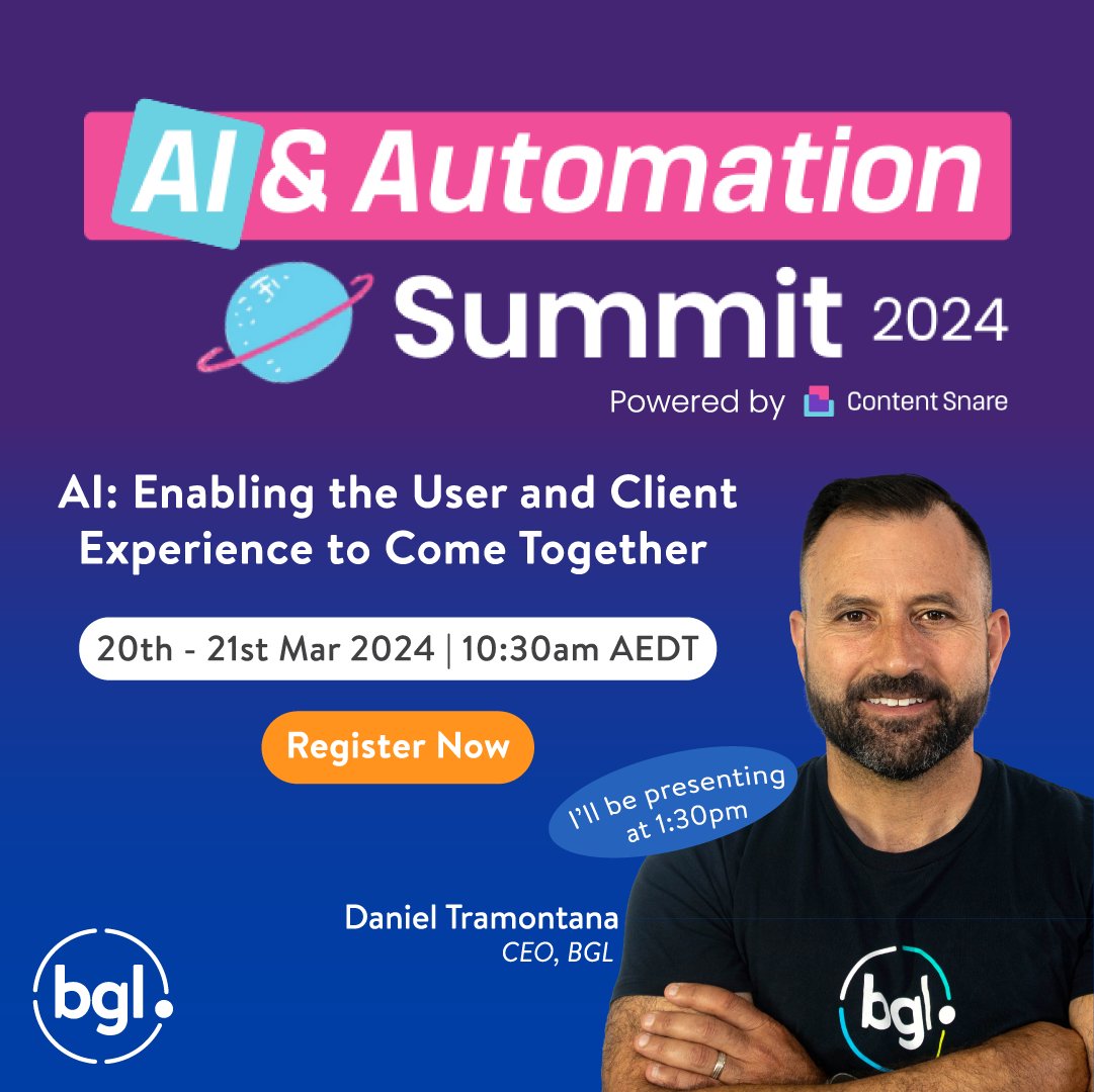 Join our very own Daniel Tramontana, CEO of BGL and other accomplished Industry specialists at the AI Automation Online Summit as they explore the world of Artificial intelligence. Register for free here: bit.ly/3PpGooK