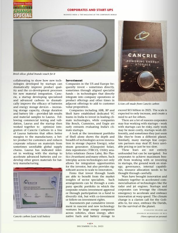 actgrants's tweet photo. So incredible to see our #ACTForEnvironment grantees, Brisil Technologies and Cancrie, featured in Business India magazine 💫

Cancrie's innovation transforms agri-waste into advanced #nanocarbons used in batteries and capacitors, enhancing their energy and power efficiency. Meanwhile, Brisil's zero waste process #technology converts discarded rice husk ash into green silica and activated carbon for industrial use, reducing #airpollution caused by open dumping.

ACT is thrilled to partner with these startups to accelerate progress on our #climategoals and create a greener environment. Onward and forward, climate warriors 🚀

https://t.co/whXFIhHzxO

#CoFoundersOfSocialChange