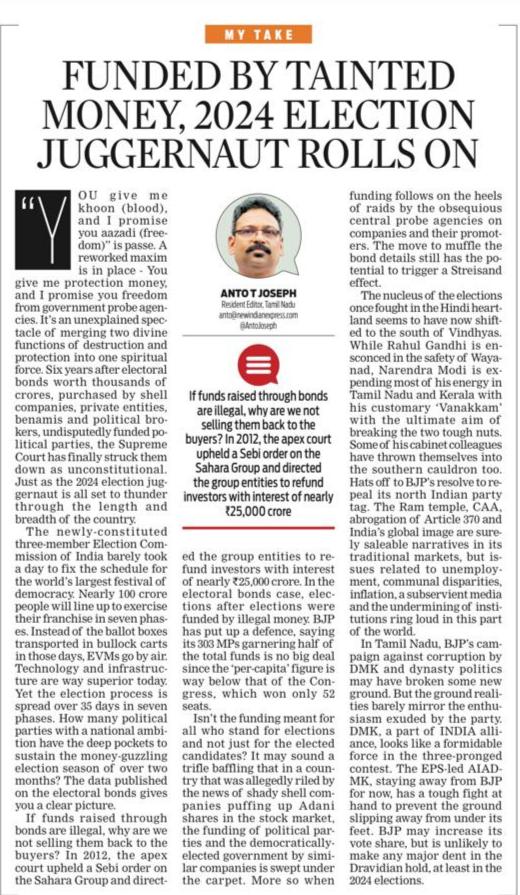 The new 3-member Election Commission barely took a day to fix the schedule for the world’s largest festival of democracy. Funded by tainted money (call it protection money), the 2024 election juggernaut rolls on My coloumn @NewIndianXpress @xpresstn newindianexpress.com/states/tamil-n…