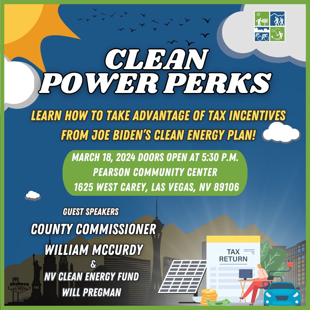 NevadaCEF's tweet photo. Join us TODAY with @senator_neal, @commishmccurdy & @NVconservation at Pearson Community Center in North Las Vegas to learn how YOU can save with the #CleanPowerPlan tax credits & incentives!
📌 RSVP: https://t.co/dy1YYlmcSk https://t.co/MwMua4iZ3c