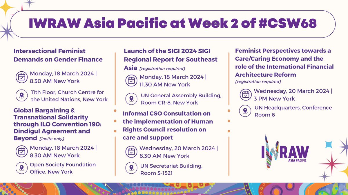 In a blink of an eye its Week 2 of #CSW68 and IWRAW Asia Pacific is still going strong! Throughout the week, we will be present in several spaces to articulate intersectional feminist perspectives in conversations on care work, women workers' rights and gender finance.