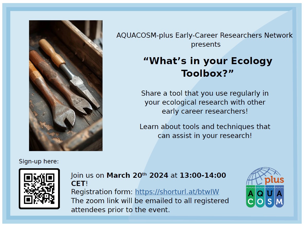 For Early Career Researchers in Ecology-related field: What? A virtual discussion open to everyone About? Tools, tips and techniques in Ecology research When? March 20th at 13:00 CET Registration Link: shorturl.at/btwIW