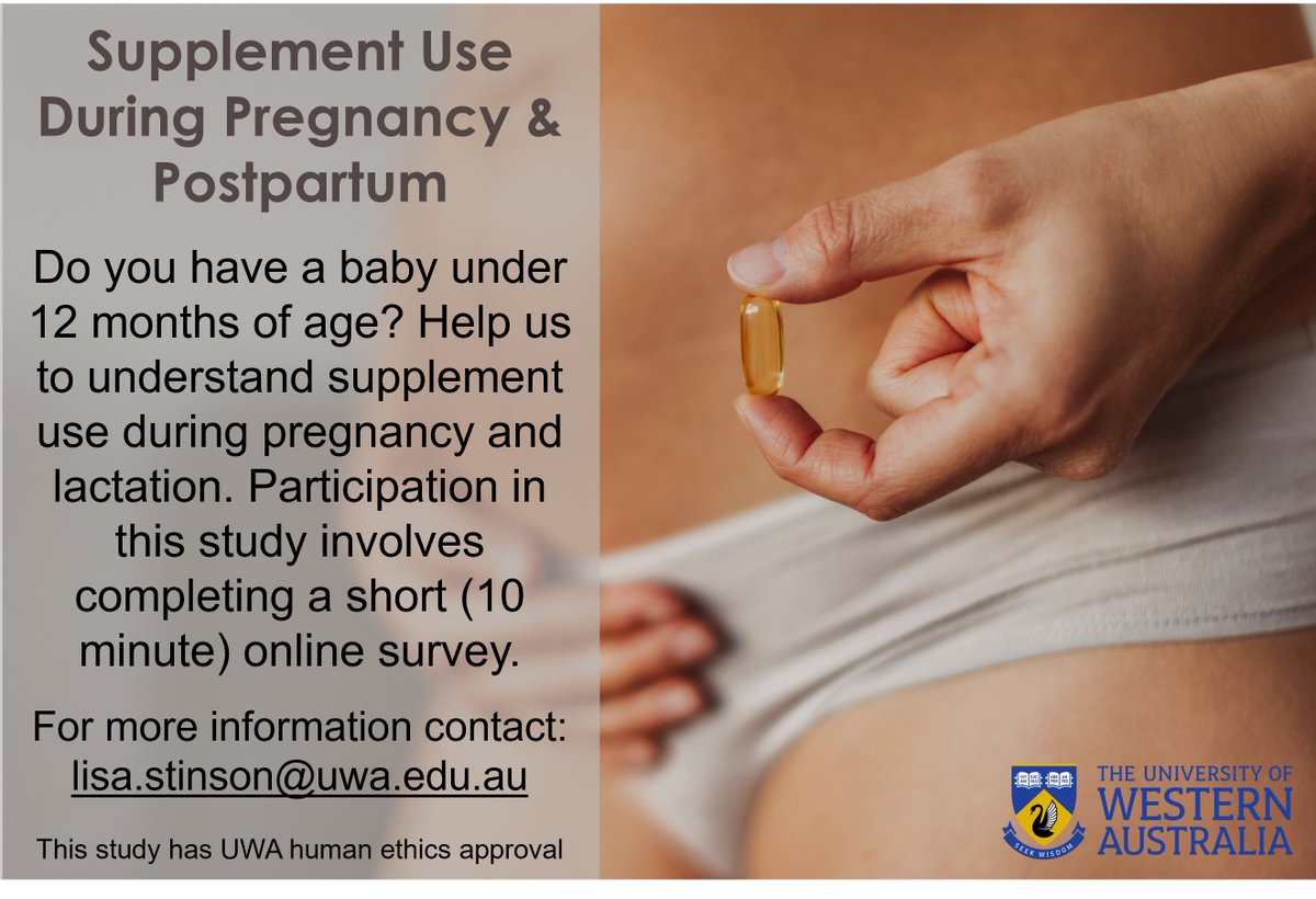 Do you have a baby under 12 months of age? Help us to understand supplement use during pregnancy and lactation. Participation involves completing a short survey. Further details please contact lisa.stinson@uwa.edu.au Thank you! redcap.link/supplement.use